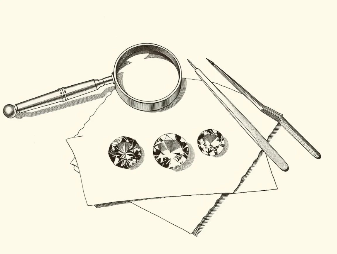 An engraving of a loupe, tweezers and loose gemstones on a stone paper