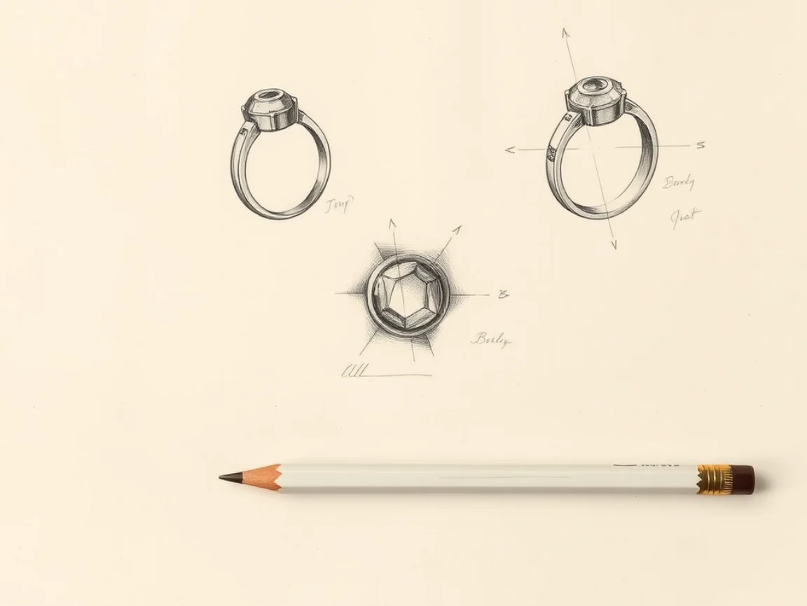 An engraving of a working drawing of a ring, front and side