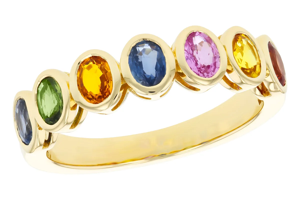 Multi-Color Gemstone & Sapphire Wedding Band in yellow gold