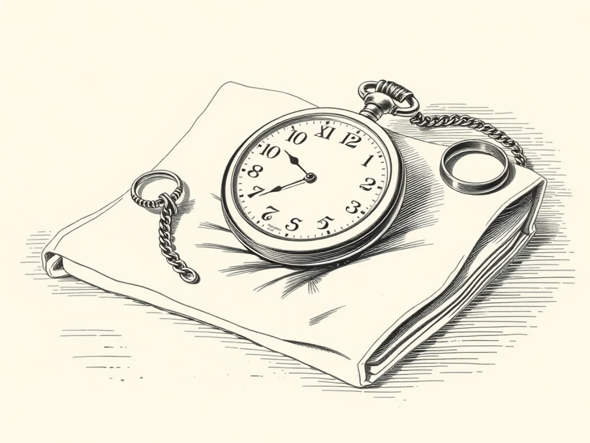 An engraving of a pocket watch, a broken chain and a ring on a cloth