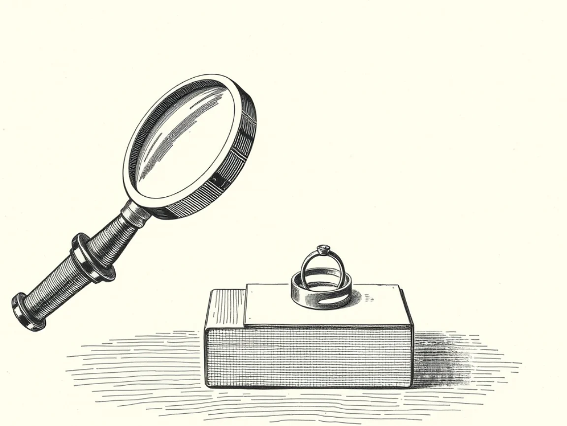 An engraving of a loupe beside a ring on a bench block
